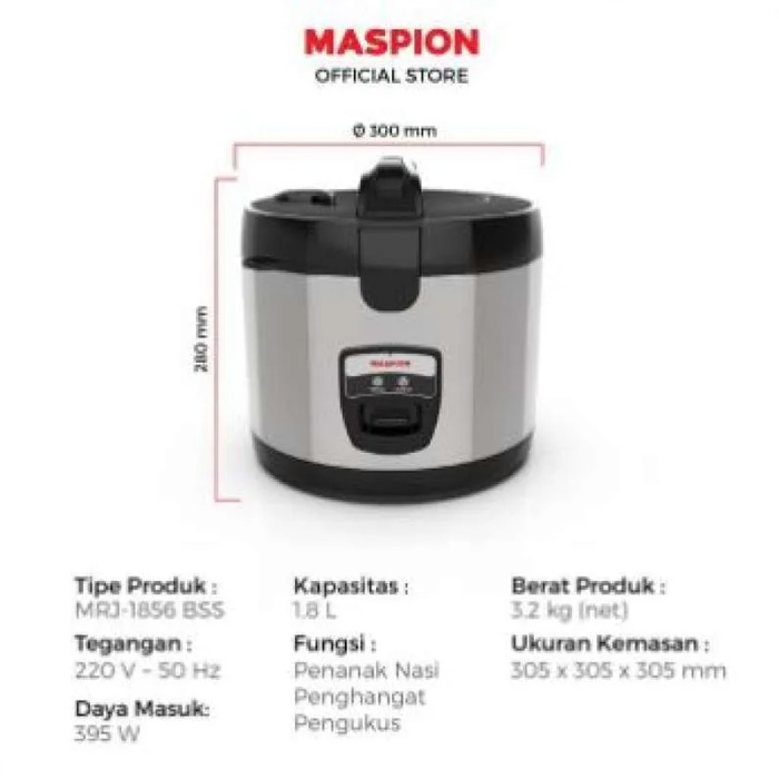 Maspion Rice Cooker 3 in 1 Stainles Steel Silver 1,8 L - MRJ1856BSSN | MRJ1856 BSSN